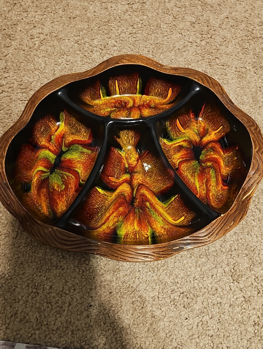 Vtg 1955 MCM California Pottery USA Flaming Autumn Divided Orange PEANUT  BOWL